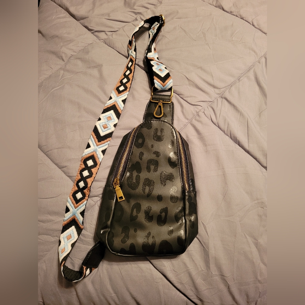 Domil Black Leopard Print Crossbody Sling Bag with Patterned Strap